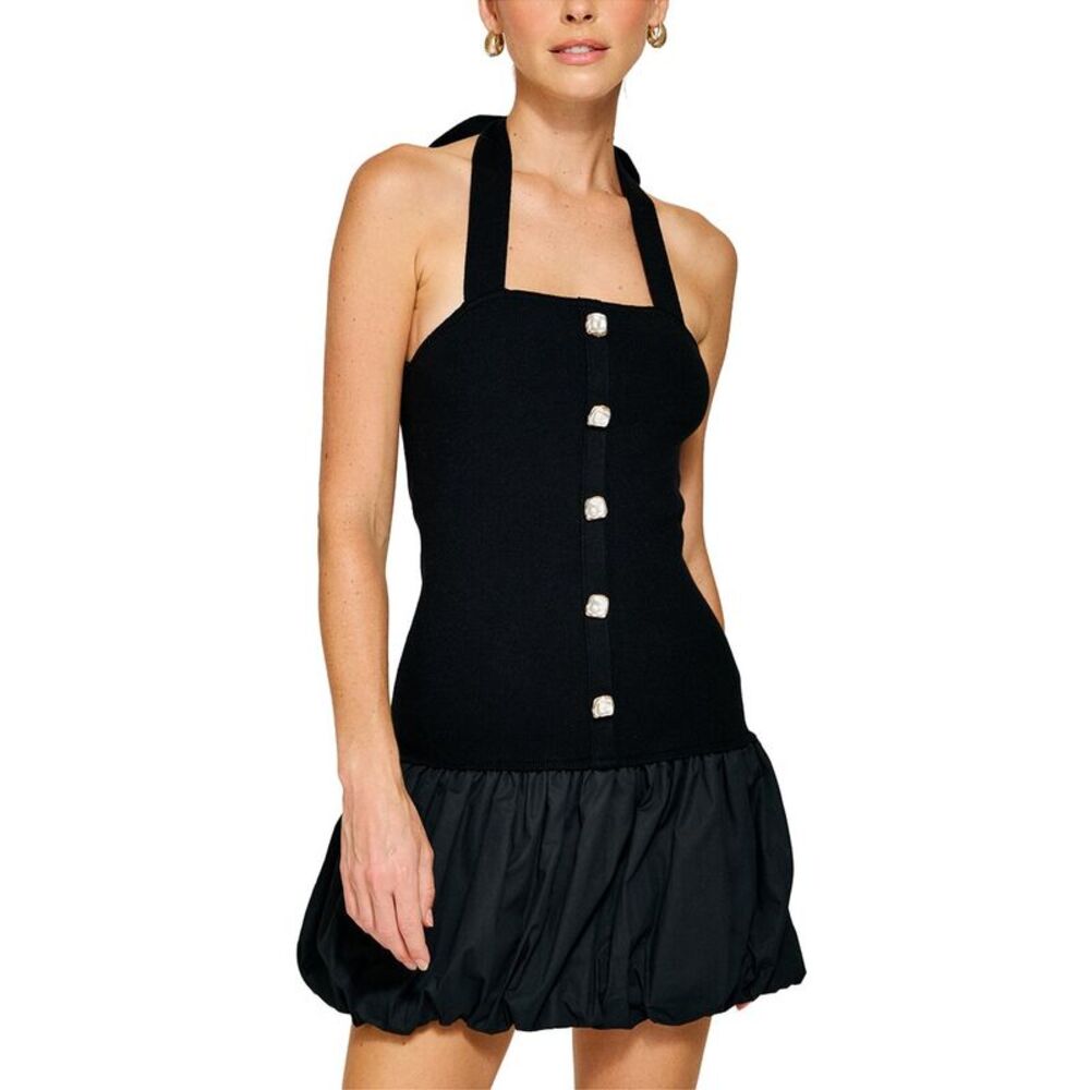 Line & Dot Womens Ramona Mix-Media Balloon Mini Dress, Black